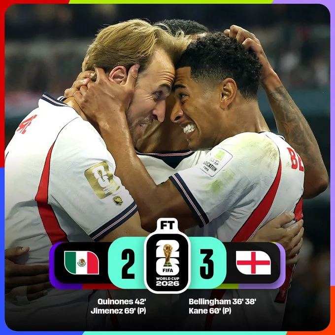 Jude Bellingham celebra tras anotar uno de sus goles en la victoria 3-2 de Inglaterra sobre México en los octavos de fi