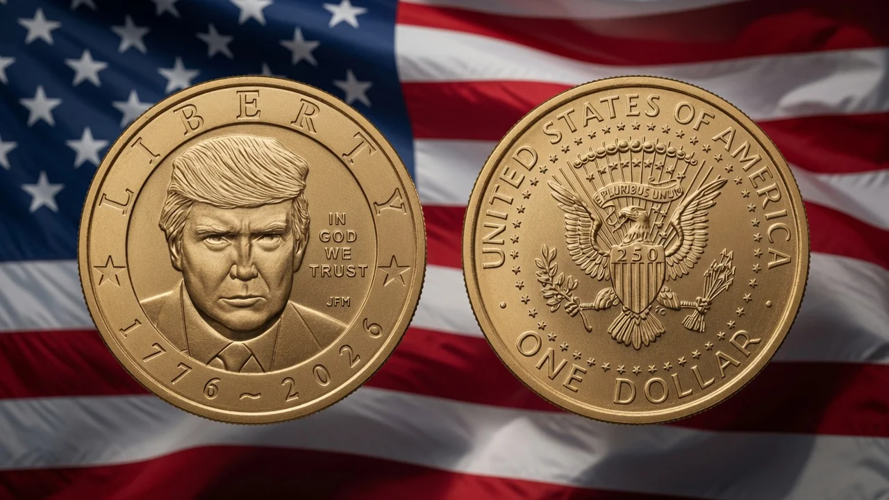Moneda conmemorativa de un dólar con retrato del presidente Donald Trump, diseño oficial del Tesoro de EE.UU. para el 25