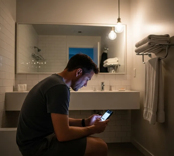 Hombre usando el teléfono en el Sanitario