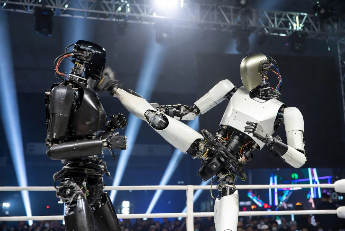 Dos robots humanoides EngineAI T800 enfrentados en el ring durante el torneo URKL en Shenzhen / The Times Latino