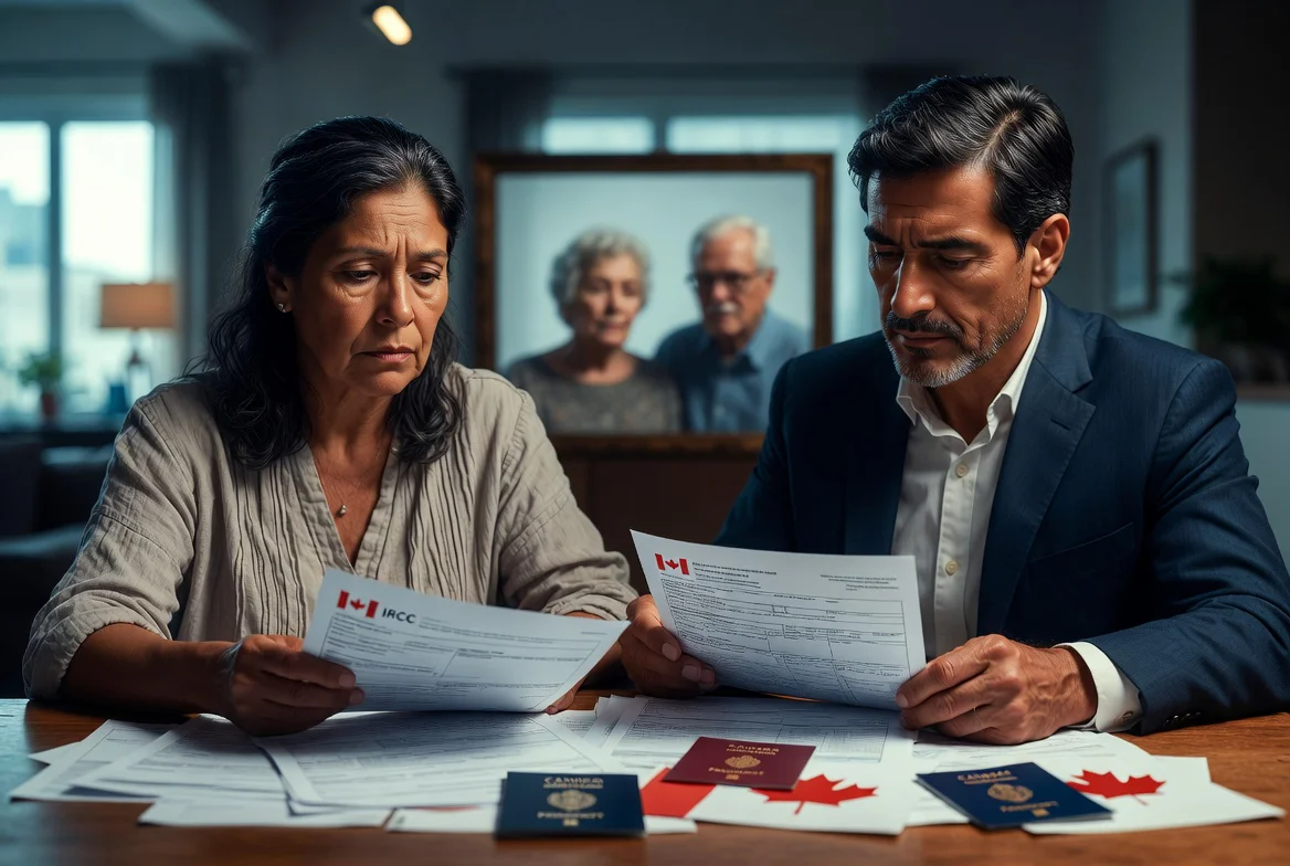 Familia latinoamericana observando documentos de inmigración canadiense / The Times Latino